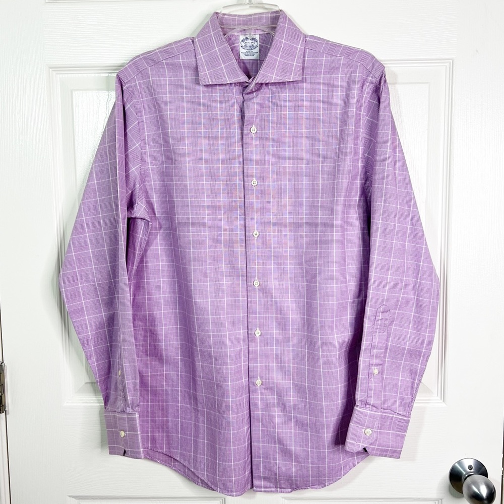 Brooks Brothers Slim Fit Plaid Long Sleeve Button Down Shirt in Violet Size 15.5